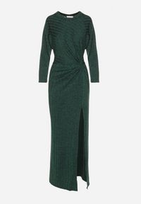 Born2be - Ciemnozielona Sukienka z Wiskozą Ozdobiona Wiązaniem i Metaliczną Nicią Ellinira. Okazja: na co dzień. Kolor: zielony. Materiał: wiskoza. Wzór: aplikacja. Typ sukienki: proste. Styl: casual, elegancki #4