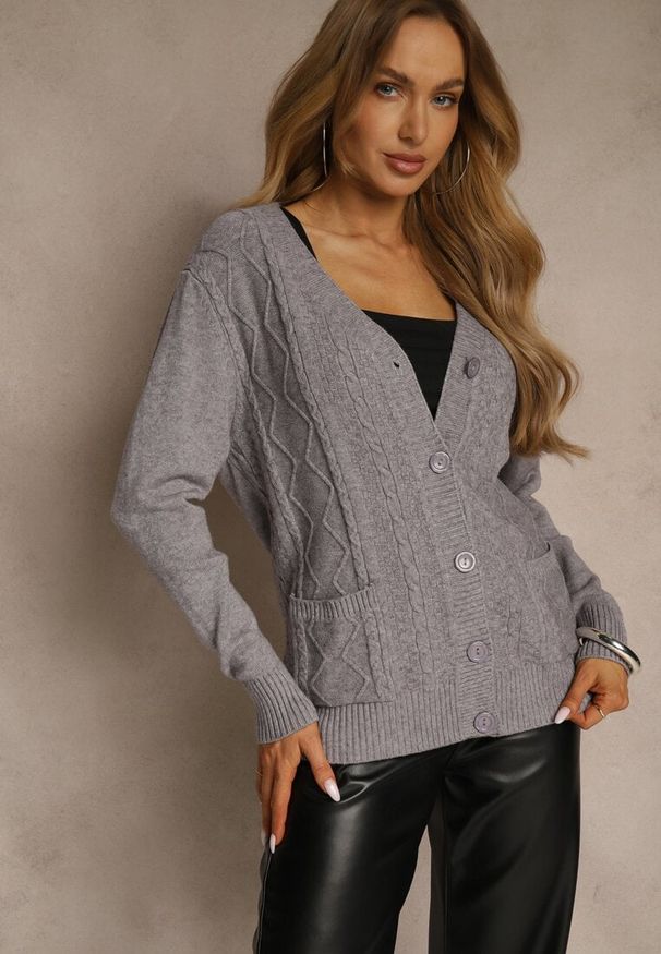 Renee - Szary Kardigan z Bawełną i Tłoczonym Wzorem Reisina. Okazja: na co dzień. Kolor: szary. Materiał: bawełna. Styl: casual, elegancki