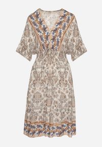 Born2be - Ciemnobeżowa Sukienka z Wiskozy w Ornamentalny Wzór z Szeroką Gumką w Pasie Tanissla. Okazja: do pracy, na spotkanie biznesowe, na co dzień, na randkę. Typ kołnierza: dekolt w kształcie V. Kolor: beżowy. Materiał: wiskoza. Długość rękawa: krótki rękaw. Sezon: wiosna, lato. Styl: klasyczny, casual, elegancki, biznesowy #3