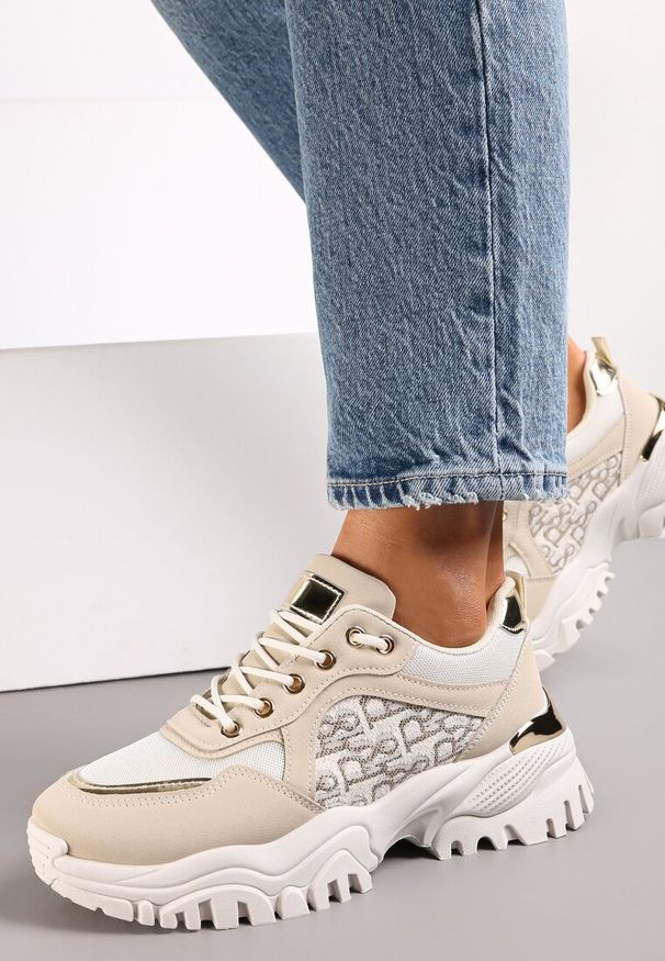 Renee - Beżowe Sneakersy z Wstawkami na Grubej Podeszwie Trenta. Wysokość cholewki: przed kostkę. Kolor: beżowy. Materiał: materiał. Szerokość cholewki: normalna. Wzór: aplikacja