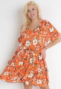 Born2be - Pomarańczowa Sukienka Mini w Kwiatki z Krótkim Rękawem i Falbanką Anabetha. Kolor: pomarańczowy. Długość rękawa: krótki rękaw. Wzór: kwiaty. Sezon: wiosna, lato. Długość: mini #4