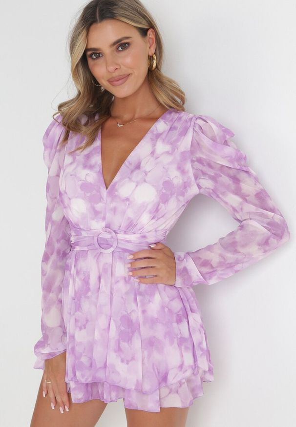 Born2be - Fioletowa Rozkloszowana Sukienka Mini z Cienkimi Gumkami i Paskiem z Klamrą Jentria. Okazja: na co dzień. Kolor: fioletowy. Styl: casual, klasyczny. Długość: mini