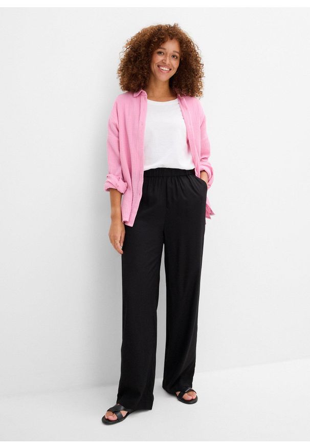 bonprix - Spodnie z wiskozy z wygodnym paskiem. Kolor: czarny. Materiał: wiskoza. Wzór: paski