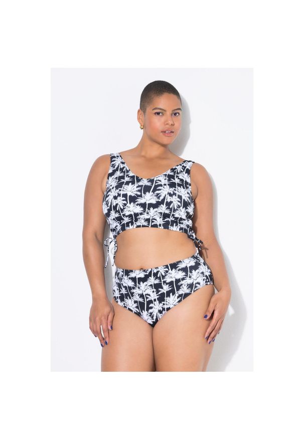 ULLA POPKEN - Damskie Figi od bikini wysoki stan nadruk z palmami. Stan: podwyższony. Kolekcja: plus size. Kolor: czarny. Materiał: poliester, poliamid, materiał, elastan. Wzór: nadruk