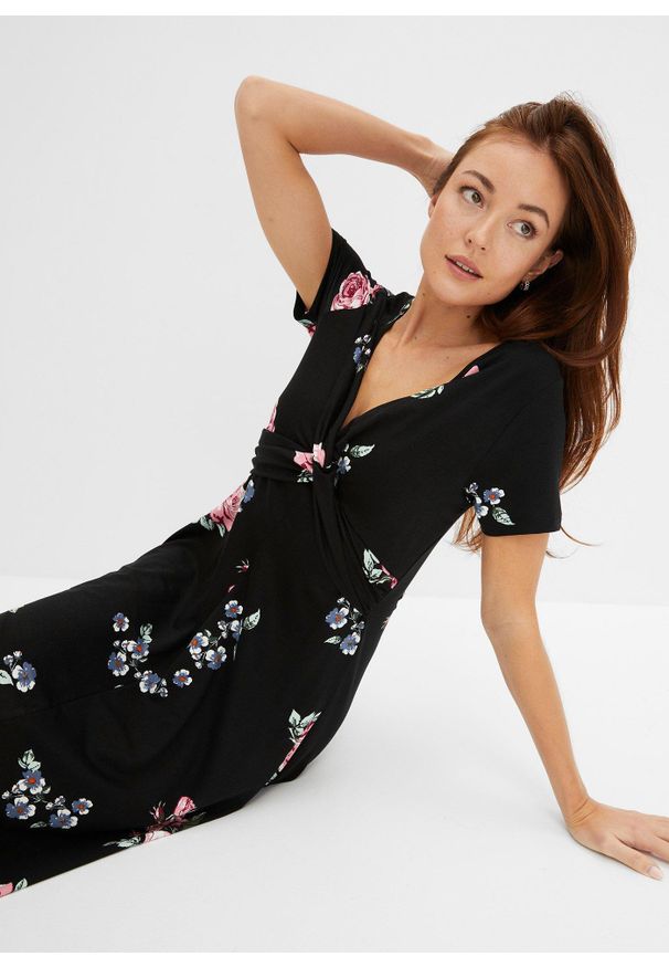 bonprix - Sukienka z dżerseju z mieszanki wiskozy. Typ kołnierza: dekolt w serek. Kolor: czarny. Materiał: jersey, wiskoza