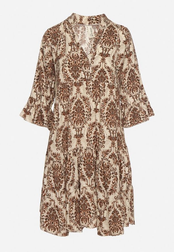 Born2be - Brązowo-Beżowa Bawełniana Rozkloszowana Sukienka z Falbankami Miloa. Typ kołnierza: kołnierz z falbankami. Kolor: brązowy. Materiał: bawełna. Typ sukienki: rozkloszowane