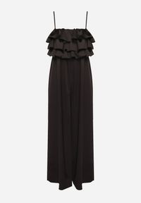 Born2be - Czarny Kombinezon Koktajlowy na Regulowanych Ramiączkach z Falbankami i Gumką w Pasie Tesvia. Okazja: na co dzień. Kolor: czarny. Długość rękawa: na ramiączkach. Styl: wizytowy #2