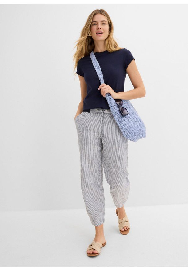 bonprix - Spodnie z materiału z lnem, dł. 7/8. Stan: podwyższony. Kolor: niebieski. Materiał: materiał, len