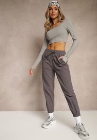 Renee - Brązowe Spodnie Joggery z Bawełny High Waist ze Sznurowaniem Xarvania. Okazja: na co dzień. Stan: podwyższony. Kolor: szary. Materiał: bawełna. Styl: casual