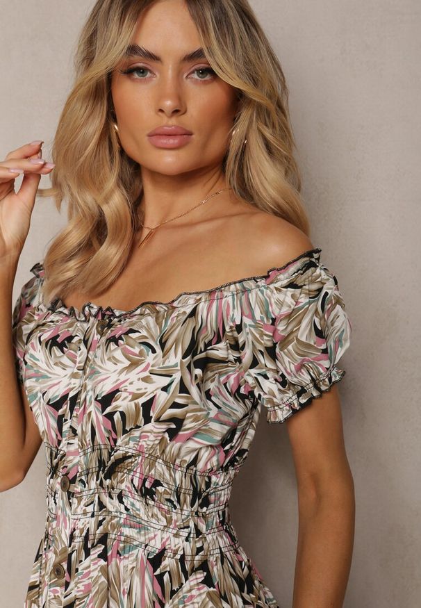 Renee - Ciemnobeżowa Bawełniana Sukienka z Hiszpańskim Dekoltem Gumką w Pasie i Roślinnym Printem Zalissa. Kolor: beżowy. Materiał: bawełna. Wzór: nadruk