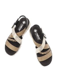 Sandały damskie Rieker, cholewka ze skóry ekologicznej z ozdobnymi paskami i motywem zwierzęcym regulowane zapięcie na sprzączkę, multi, V1063-90. Okazja: na co dzień, na spacer. Zapięcie: pasek. Kolor: beżowy. Materiał: skóra ekologiczna. Wzór: motyw zwierzęcy. Sezon: lato. Styl: elegancki, wakacyjny, casual #2