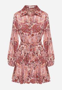 Born2be - Różowo-Bordowa Sukienka Mini Rozkloszowana we Wzór Paisley z Materiałowym Paskiem Lirit. Kolor: różowy. Materiał: materiał. Wzór: paisley. Sezon: wiosna, lato. Długość: mini #2