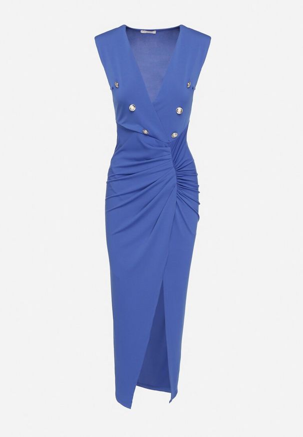 Born2be - Niebieska Sukienka Koktajlowa z Kopertowym Dekoltem Marszczeniem i Guzikami Tdivane. Kolor: niebieski. Typ sukienki: kopertowe. Styl: wizytowy