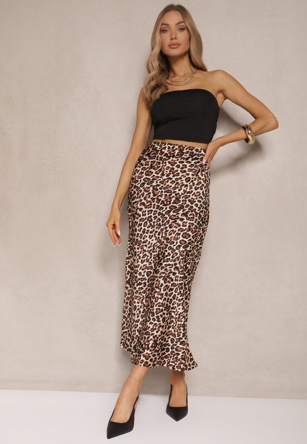 Renee - Brązowa Spódnica High Waist ze Zwierzęcym Printem i Gumką w Talii Dimella. Stan: podwyższony. Kolor: brązowy. Materiał: jedwab, wiskoza, materiał. Wzór: motyw zwierzęcy, nadruk. Styl: klasyczny, elegancki, wizytowy