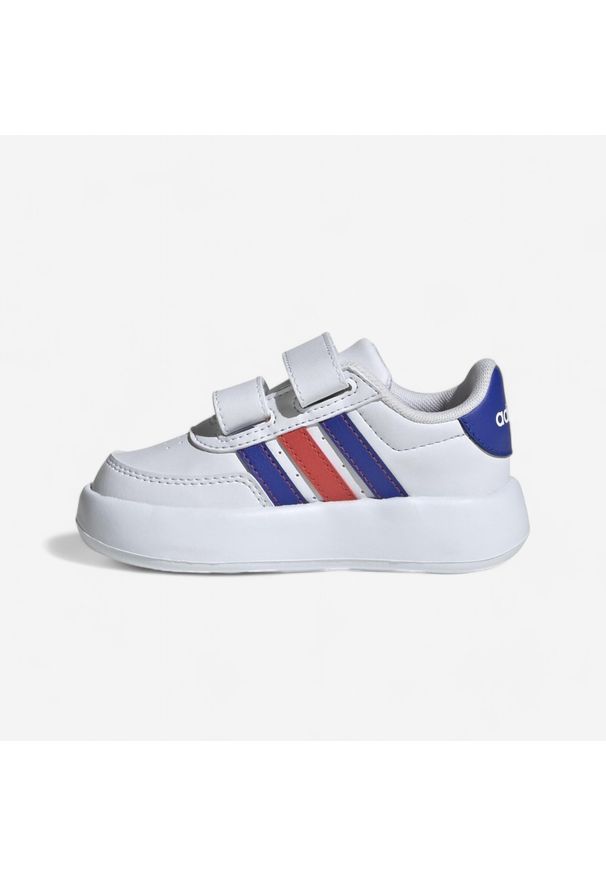 Adidas - Buty dla dzieci ADIDAS Breaknet. Okazja: na uczelnię. Zapięcie: rzepy. Kolor: biały, czerwony, wielokolorowy, niebieski. Materiał: skóra. Szerokość cholewki: normalna. Wzór: paski