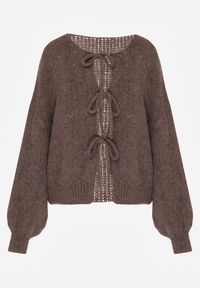 Born2be - Jasnobrązowy Kardigan Oversize z Wełną Zdobiony Kokardkami Eleathalie. Okazja: na co dzień. Typ kołnierza: kokarda. Kolor: brązowy. Materiał: wełna. Wzór: aplikacja. Styl: casual, elegancki #5