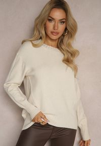 Renee - Jasnobeżowy Casualowy Sweter z Wiskozą i Modalem ze Ściągaczami Riviti. Okazja: na co dzień. Kolor: beżowy. Materiał: wiskoza. Styl: casual