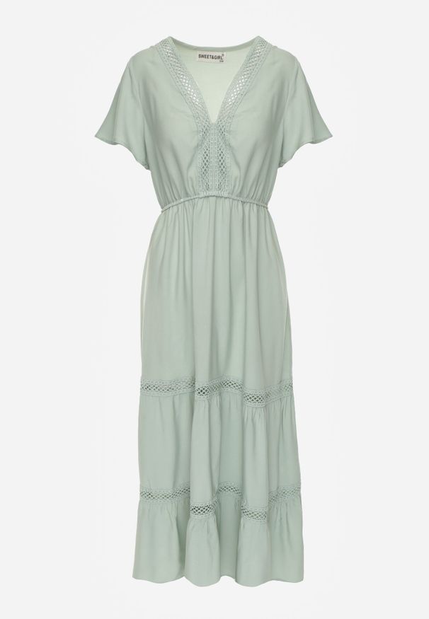 Born2be - Miętowa Sukienka Maxi z Gumką w Pasie i Koronkowymi Wstawkami Anandia. Kolor: miętowy. Materiał: koronka. Wzór: aplikacja. Długość: maxi
