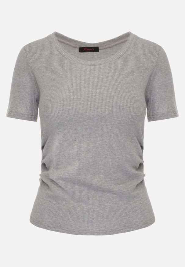 Born2be - Szary Prążkowany T-shirt Ozdobiony po Bokach Marszczeniem Nedisa. Okazja: na co dzień. Kolor: szary. Materiał: prążkowany. Wzór: aplikacja. Styl: casual