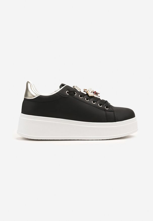 Born2be - Czarne Płaskie Sneakersy z Aplikacją Pszczoły i Cyrkoniami Vlionea. Okazja: na co dzień. Zapięcie: sznurówki. Kolor: czarny. Materiał: jeans. Wzór: aplikacja