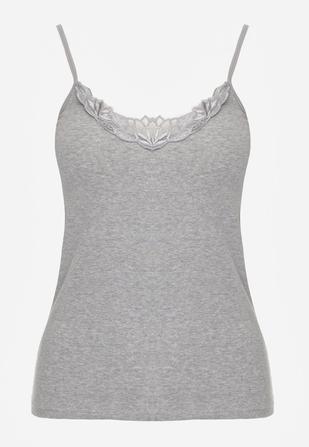 Born2be - Ciemnoszary Bawełniany Top na Ramiączkach z Ozdobną Koronką przy Dekolcie Berlisa. Kolor: szary. Materiał: bawełna, koronka. Długość rękawa: na ramiączkach. Wzór: koronka