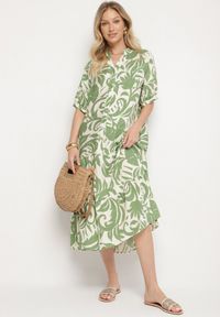 Born2be - Zielona Wiskozowa Rozkloszowana Sukienka z Falbaną Filindania. Okazja: na co dzień. Kolor: zielony. Materiał: wiskoza. Styl: elegancki, casual #3