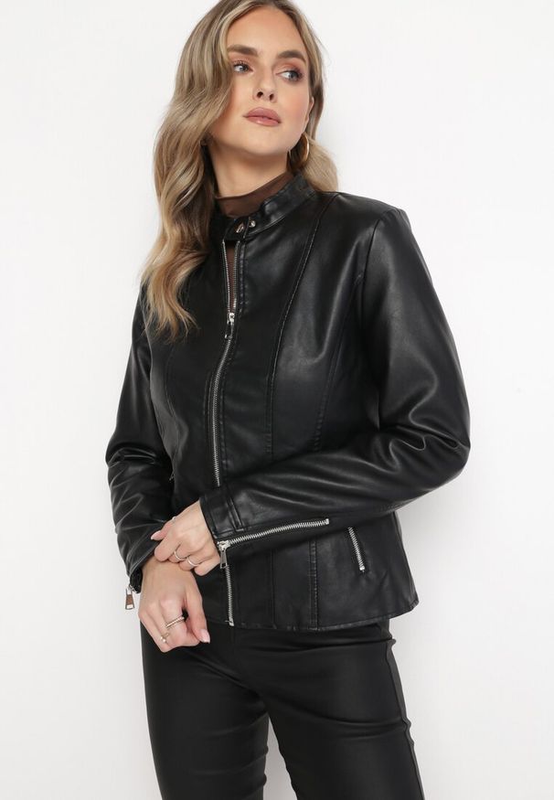 Born2be - Czarna Kurtka Ramoneska z Imitacji Skóry Etina. Kolor: czarny. Materiał: skóra
