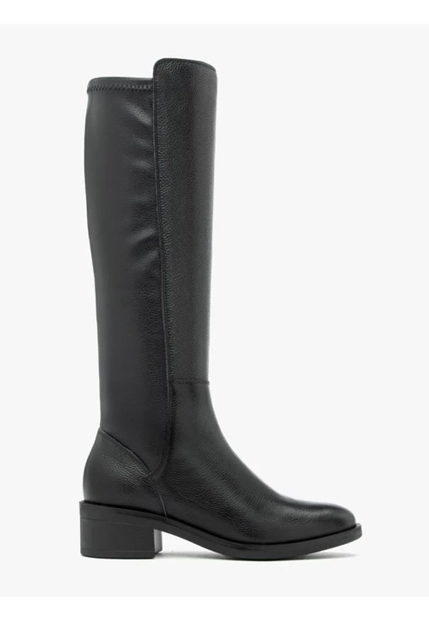 Ryłko - Czarne wyższe kozaki ze skóry licowej. Nosek buta: okrągły. Zapięcie: zamek. Kolor: czarny. Materiał: skóra. Szerokość cholewki: normalna. Obcas: na obcasie. Styl: elegancki, street, klasyczny. Wysokość obcasa: średni