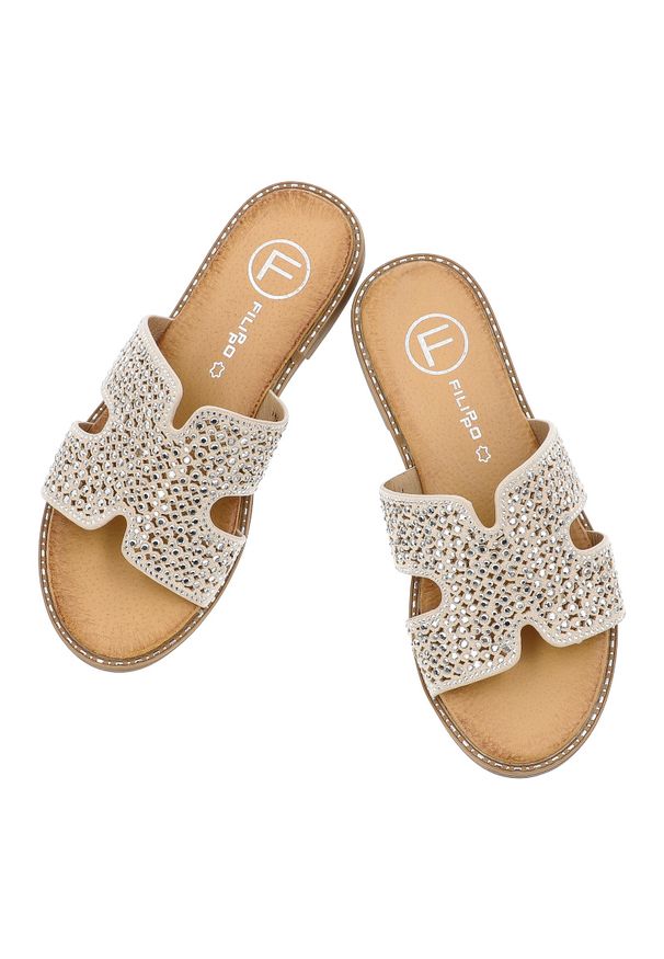 Beżowe Klapki Filippo Stylowe Obuwie Damskie Z Cyrkoniami. Okazja: na co dzień. Kolor: beżowy. Sezon: lato. Styl: elegancki