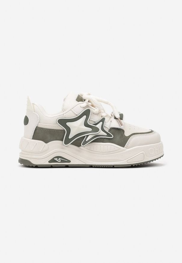Born2be - Beżowo-Zielone Sneakersy na Grubej podeszwie z Zapięciem na Rzep i Aplikacją na Boku Arforina. Nosek buta: okrągły. Zapięcie: rzepy. Kolor: beżowy. Materiał: materiał. Wzór: aplikacja. Obcas: na obcasie. Wysokość obcasa: niski