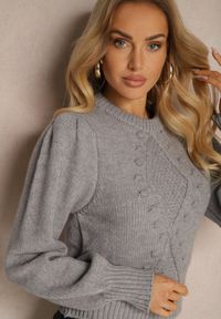 Renee - Szary Sweter z Wiskozy Ozdobiony Tłoczeniem Harizia. Okazja: na co dzień. Kolor: szary. Materiał: wiskoza. Wzór: aplikacja. Sezon: jesień, zima. Styl: casual, elegancki #5