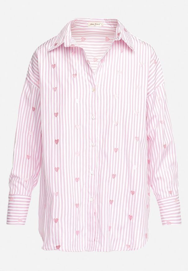 Born2be - Różowa Koszula Bawełniana w Paski z Haftowanymi Serduszkami Sanileni. Kolor: różowy. Materiał: bawełna. Wzór: haft, paski