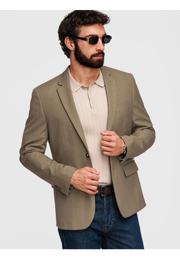 Ombre Clothing - Męska elegancka marynarka SLIM FIT z rayonem – oliwkowa V5 - Rozmiar: XL. Kolor: oliwkowy. Materiał: materiał, tkanina, poliester. Wzór: ze splotem. Styl: elegancki