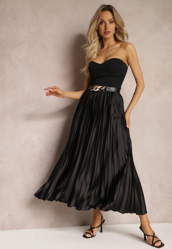 Renee - Czarna Plisowana Spódnica Maxi z Gumką w Talii Lirendil. Kolor: czarny. Styl: elegancki
