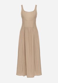 Born2be - Ciemnobeżowa Wiskozowa Sukienka o Rozkloszowanym Kroju Milareina. Okazja: na co dzień. Kolor: beżowy. Materiał: wiskoza. Długość rękawa: długi rękaw. Wzór: aplikacja. Typ sukienki: rozkloszowane. Styl: casual, elegancki #5