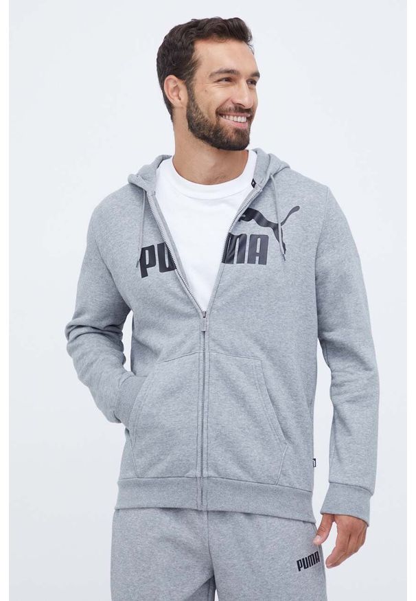 Puma bluza męska kolor szary z kapturem z nadrukiem. Typ kołnierza: kaptur. Kolor: szary. Materiał: materiał. Długość rękawa: długi rękaw. Długość: długie. Wzór: nadruk