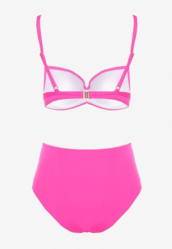 Born2be - Różowe Bikini Biustonosz na Cienkich Regulowanych Ramiączkach Majtki z Wysokim Stanem i Marszczeniem Ninamarie. Stan: podwyższony. Kolor: różowy. Wzór: aplikacja