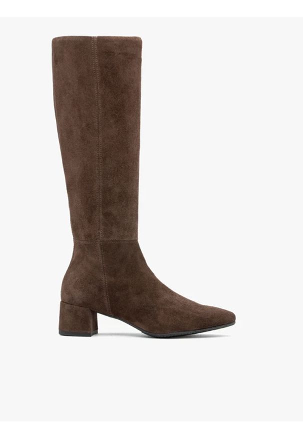 Ryłko - Brązowe kozaki ze skóry welurowej na słupku. Zapięcie: zamek. Kolor: brązowy. Materiał: welur, skóra. Szerokość cholewki: normalna. Sezon: jesień. Obcas: na słupku. Styl: street, klasyczny, elegancki. Wysokość obcasa: średni