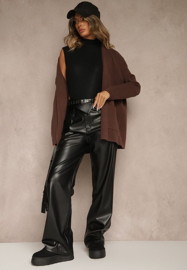 Renee - Brązowy Kardigan z Kaszmirem o Prostym Kroju Bez Zapięć z Kieszeniami Zaisa. Kolor: brązowy. Materiał: kaszmir. Styl: elegancki