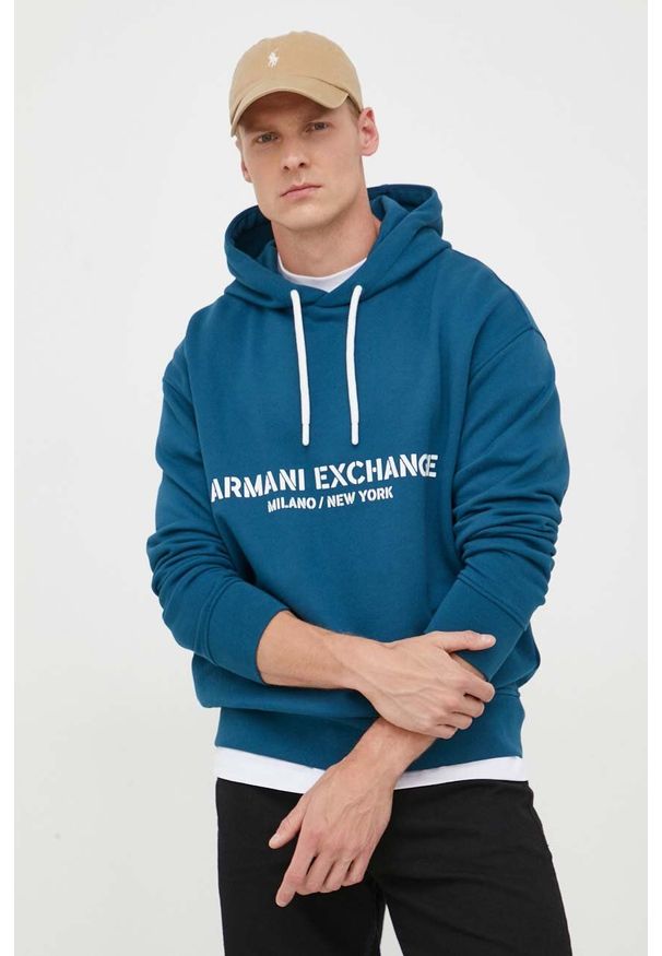 Armani Exchange bluza bawełniana męska kolor niebieski z kapturem z nadrukiem. Typ kołnierza: kaptur. Kolor: niebieski. Materiał: bawełna. Wzór: nadruk