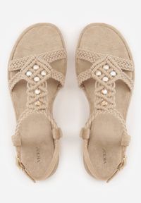 Renee - Beżowe Boho Sandały VICES z Plecioną Cholewką z Koralikami Kalisa. Okazja: na co dzień. Zapięcie: pasek. Kolor: beżowy. Wzór: aplikacja. Sezon: lato. Styl: boho #5