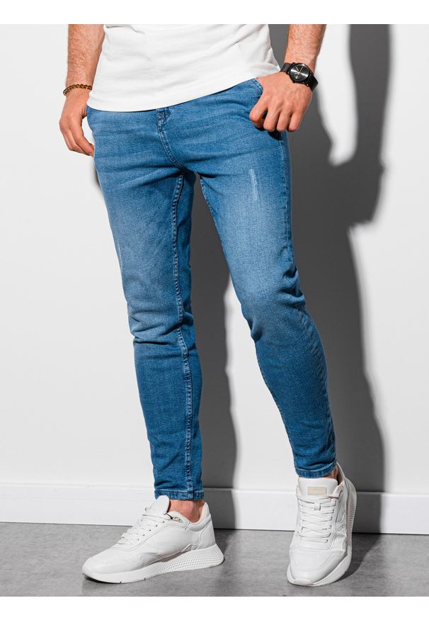 Ombre Clothing - Spodnie męskie jeansowe SKINNY FIT z kieszeniami chino - jasnoniebieskie V2 OM-PADP-0100 - XL. Kolor: niebieski. Materiał: jeans