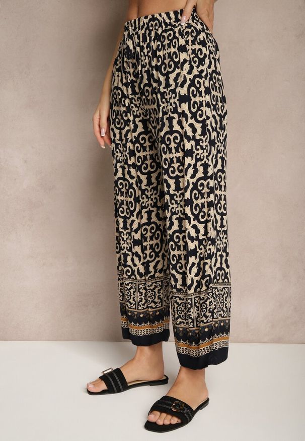 Renee - Granatowe Szerokie Spodnie Culottes z Bawełny w Ornamentalny Print Lisanella. Okazja: na co dzień, na spacer. Kolor: niebieski. Materiał: bawełna. Wzór: nadruk. Styl: elegancki, casual