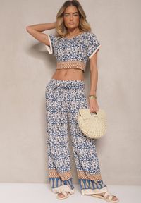 Renee - Niebieski Komplet z Bawełny w Print Boho Szerokie Spodnie i Koszulka Telanitha. Kolor: niebieski. Materiał: bawełna. Wzór: nadruk #4