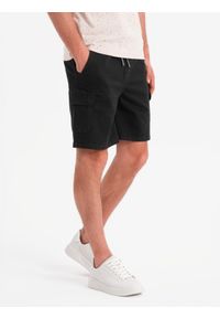 Ombre Clothing - Męskie spodenki bawełniane cargo z elastycznym pasem – czarne V4 - Rozmiar: M. Okazja: na co dzień. Kolor: czarny. Materiał: bawełna. Sezon: lato. Styl: casual #6