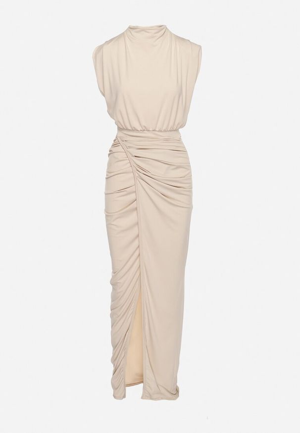 Born2be - Beżowa Sukienka Maxi Dopasowana z Poduszkami w Ramionach i Rozcięciem na Boku Ocrana. Okazja: na ślub cywilny, na wesele, na imprezę. Kolor: beżowy. Typ sukienki: dopasowane. Styl: elegancki, klasyczny. Długość: maxi