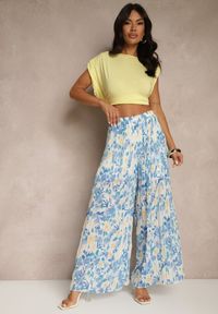 Renee - Niebieskie Spodnie High Waist Zdobione Plisami i Kwiatowym Printem Folamea. Okazja: na co dzień. Stan: podwyższony. Kolor: niebieski. Wzór: aplikacja, kwiaty, nadruk. Styl: klasyczny, elegancki, casual