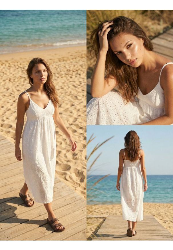 Sinsay - Ażurowa sukienka maxi na ramiączkach z bawełny - biały. Kolor: biały. Materiał: bawełna. Długość rękawa: na ramiączkach. Wzór: ażurowy. Długość: maxi