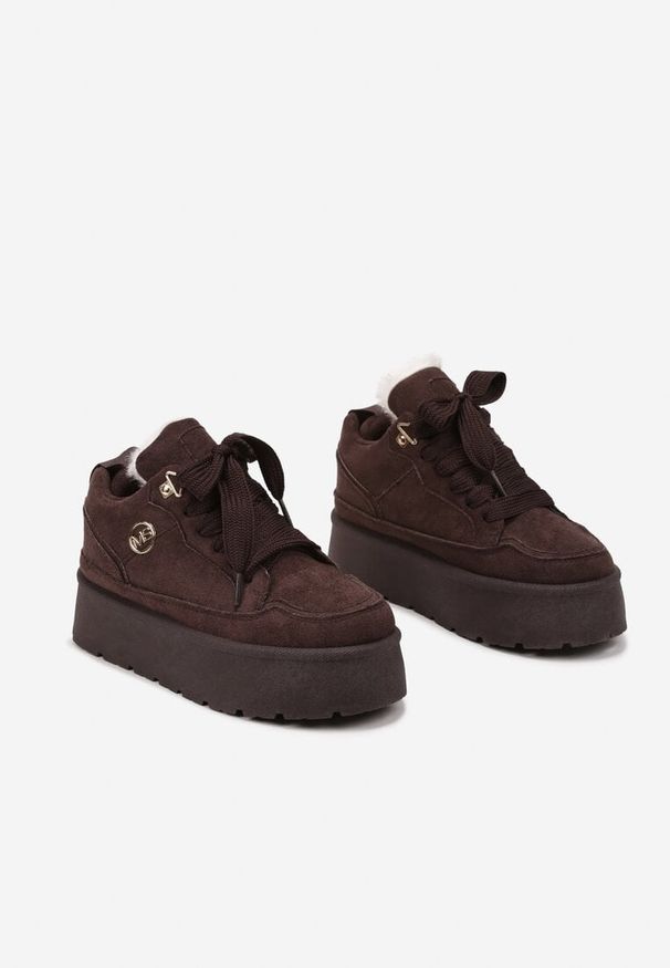 Renee - Brązowe Sneakersy z Ekozamszu na Grubej Podeszwie Wyściełane Futerkiem Senavel. Okazja: na spacer. Zapięcie: sznurówki. Kolor: brązowy. Materiał: futro. Sezon: jesień. Sport: turystyka piesza