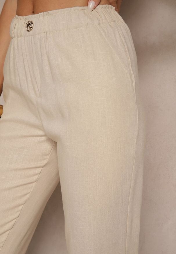 Renee - Jasnobeżowe Casualowe Spodnie z Lnem z Gumką w Pasie Filanisse. Okazja: na co dzień. Kolor: beżowy. Materiał: len. Styl: casual